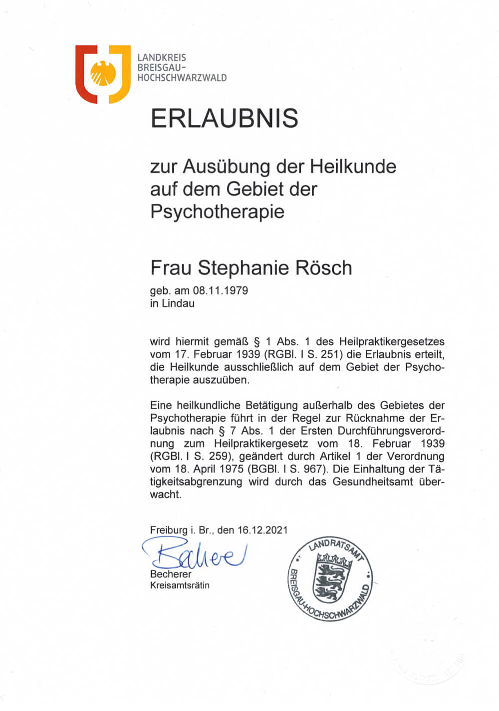 Zertifikat der Heilerlaubnis von Stephanie Rösch